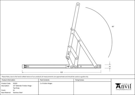 SS 16" Defender Friction Hinge - Top Hung | 91033 - Image 2