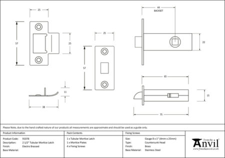 Electro Brassed 2½" Tubular Mortice Latch | 91078 - Image 2