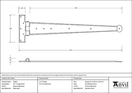 External Beeswax 22" Penny End T Hinge (pair) | 91469 - Image 2
