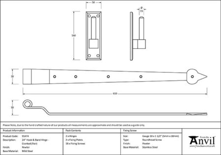 Pewter 24" Hook & Band Hinge - Cranked (pair) | 91474 - Image 2