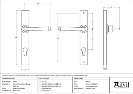 External Beeswax Avon Slimline Lever Espag. Lock Set | 91484 - Image 2
