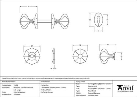 External Beeswax Large Octagonal Mortice/Rim Knob Set | 91499 - Image 2