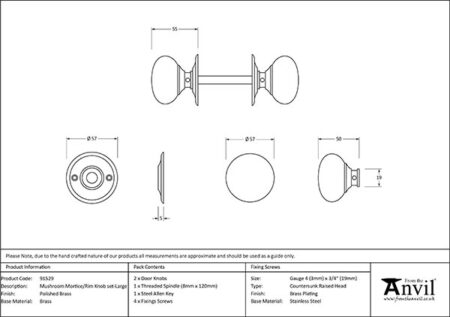 Polished Brass 57mm Mushroom Mortice/Rim Knob Set | 91529 - Image 2
