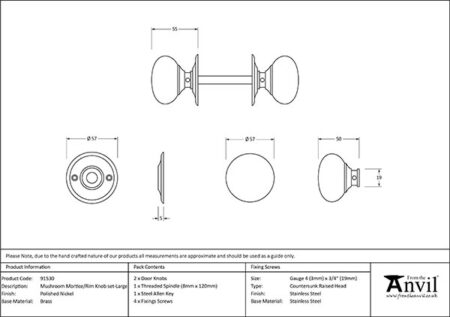 Polished Nickel 57mm Mushroom Mortice/Rim Knob Set | 91530 - Image 2