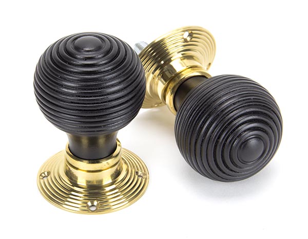 Ebony & Polished Brass Beehive Mortice/Rim Knob Set | 91729