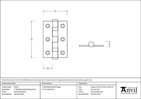 External Beeswax 3" Ball Bearing Butt Hinge (pair) | 91782 - Image 2