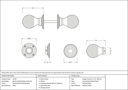 Rosewood & Polished Brass Beehive Mortice/Rim Knob Set | 91787 - Image 2