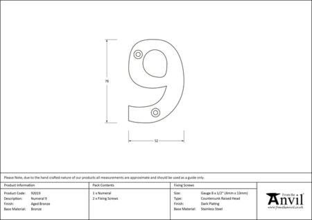 Aged Bronze Numeral 9 | 92019 - Image 2