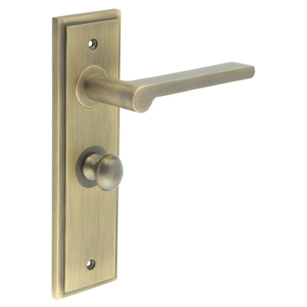 Frelan Fitzrovia Door Handle Bathroom Backplate Antique Brass & Turn & Release