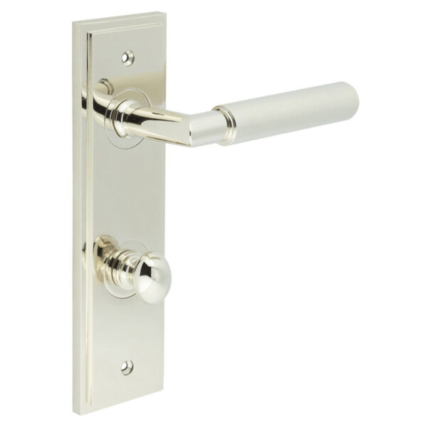 Frelan Piccadilly Door Handle Bathroom Din Backplate Polished Nickel & Turn & Release