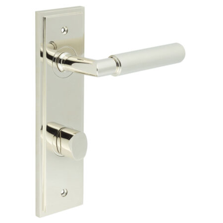 Frelan Piccadilly Door Handle Bathroom Din Backplate Polished Nickel & Turn & Release