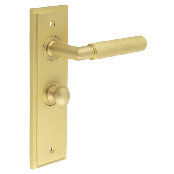 Frelan Piccadilly Door Handle Bathroom Backplate Satin Brass & Turn & Release