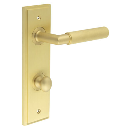 Frelan Piccadilly Door Handle Bathroom Din Backplate Satin Brass & Turn & Release