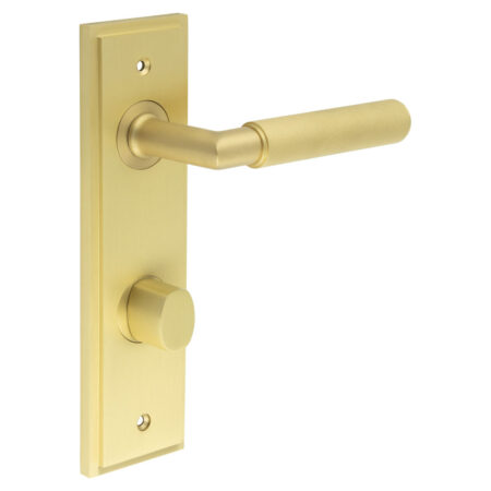 Frelan Piccadilly Door Handle Bathroom Din Backplate Satin Brass & Turn & Release