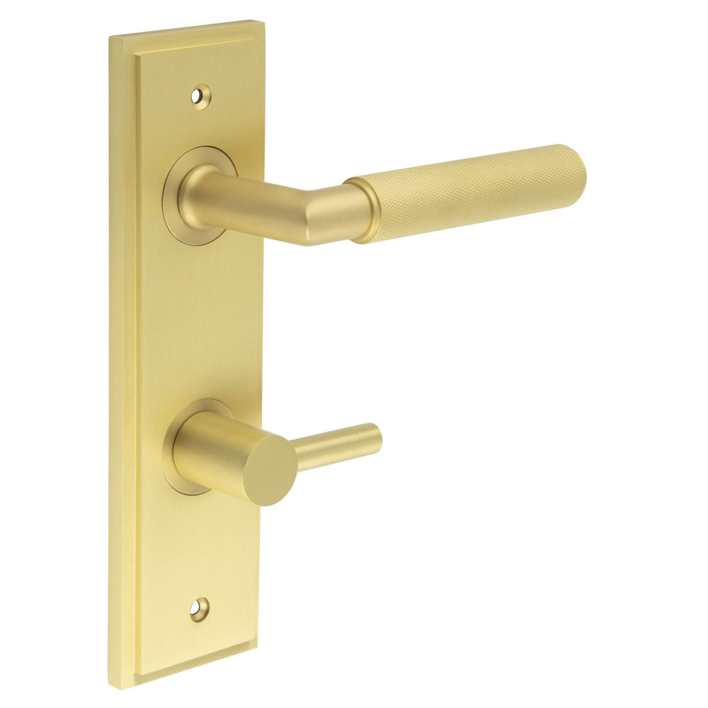 bur-40sb-456sb-82sb.jpg Frelan Piccadilly Door Handle Bathroom Din Backplate Satin Brass & Turn & Release - Image 1
