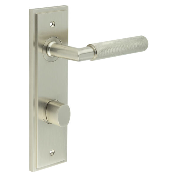 Frelan Piccadilly Door Handle Din Bathroom Backplate Satin Nickel & Turn & Release