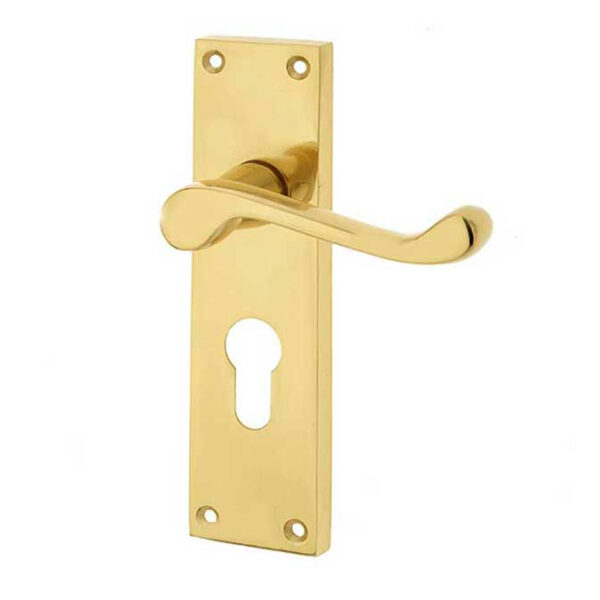 Victorian Scroll Door Handle on Euro Profile Lockplate Polished Brass