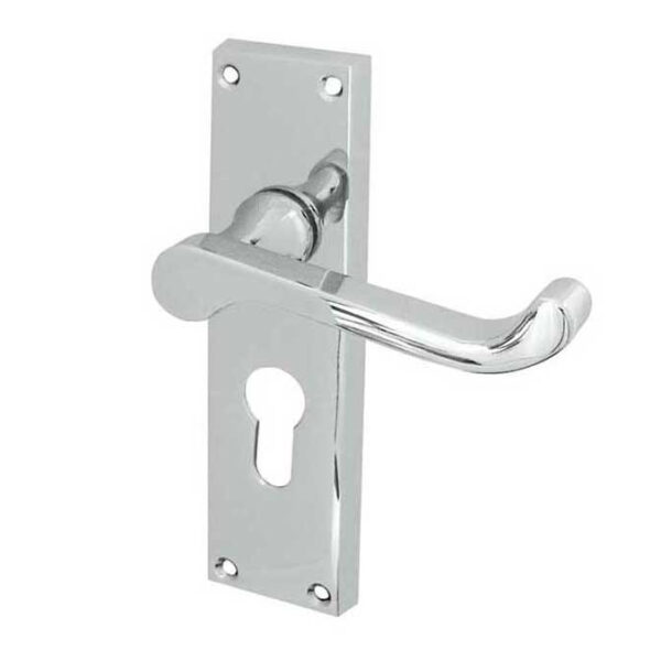 Victorian Scroll Door Handle on Euro Profile Lockplate Polished Chrome