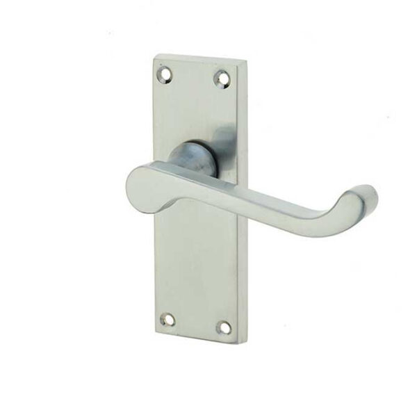 Victorian Scroll Door Handle on Short Latchset Plate Satin Chrome