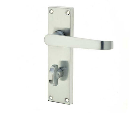 Victorian Straight Door Handle on Bathroom Plate Satin Chrome