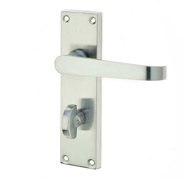 Victorian Straight Door Handle on Bathroom Plate Satin Chrome