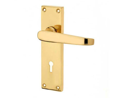 Victorian Straight Door Handle on Lockplate Polished Brass