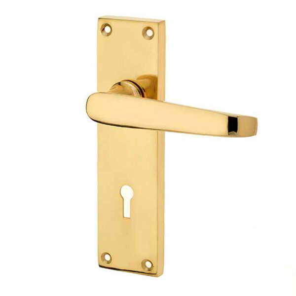Victorian Straight Door Handle on Lockplate Polished Brass