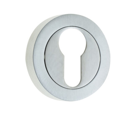 Frelan Jedo Designer Euro Profile Escutcheons on 50mm Round Rose Satin Chrome
