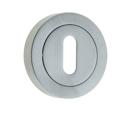 Frelan Jedo Designer Standard Keyway Escutcheons on 50mm Round Rose Satin Chrome