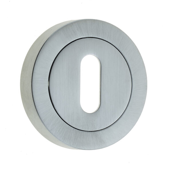 Frelan Jedo Designer Standard Keyway Escutcheons on 50mm Round Rose Satin Chrome