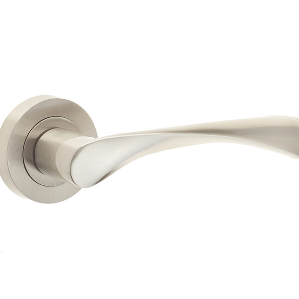 Frelan Twirl Door Handle on Rose Satin Nickel