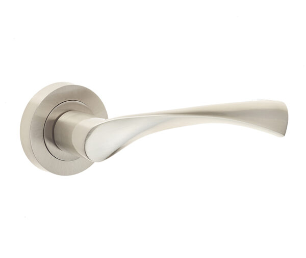 Frelan Comet Door Handle on Rose Satin Nickel