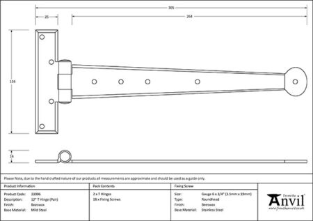 Beeswax 12" Penny End T Hinge (pair) | 33006 - Image 2