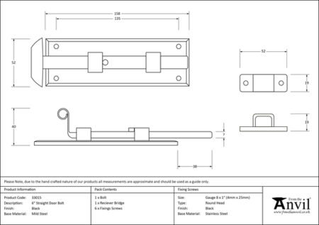 Black 6" Straight Door Bolt | 33015 - Image 2