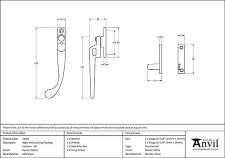 Pewter Night-Vent Locking Peardrop Fastener - LH | 33025 - Image 2