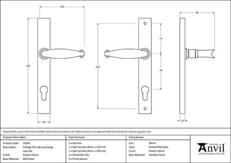 Pewter Cottage Slimline Lever Espag. Lock Set | 33036 - Image 2