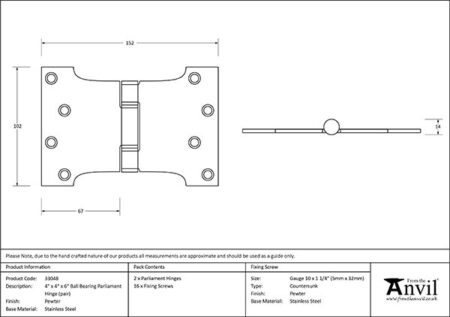 Pewter 4" x 4" x 6" Parliament Hinge (pair) ss | 33048 - Image 2