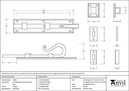 From the Anvil Pewter 8" Shepherd's Crook Universal Bolt - Pewter Patina - Image 2