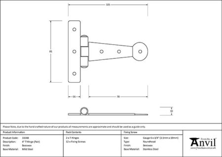 Beeswax 4" Penny End T Hinge (pair) | 33188 - Image 2