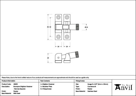 From the Anvil Pewter Brompton Brighton Fastener - Narrow (Square) - Pewter Patina - Image 2