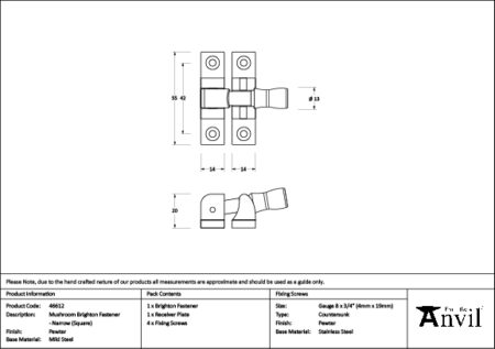 Pewter Mushroom Brighton Fastener - Narrow (Square) | 46612 - Image 2
