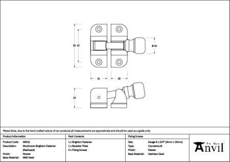 Pewter Mushroom Brighton Fastener (Radiused) | 46616 - Image 2