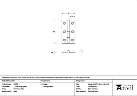 Burnished Brass 2" Butt Hinge (pair) | 50952 - Image 2