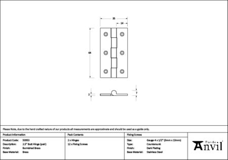 Burnished Brass 2.5" Butt Hinge (pair) | 50953 - Image 2