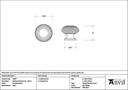 Burnished Brass Beehive Cabinet Knob 40mm | 50957 - Image 2