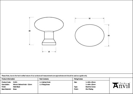 Matt Black Moore Cabinet Knob - 32mm | 51251 - Image 2