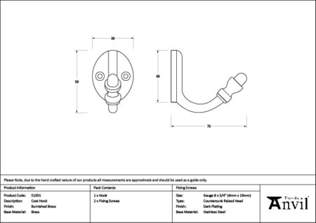 Burnished Brass Coat Hook | 51301 - Image 2