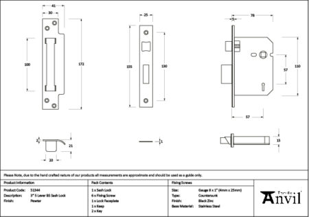 Pewter 3" 5 Lever BS Sash Lock | 51344 - Image 2