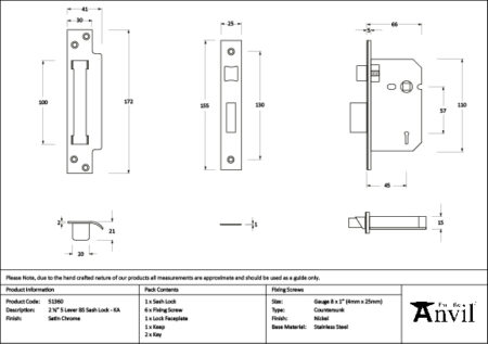 Satin Chrome 2½" 5 Lever BS Sash Lock KA | 51360 - Image 2