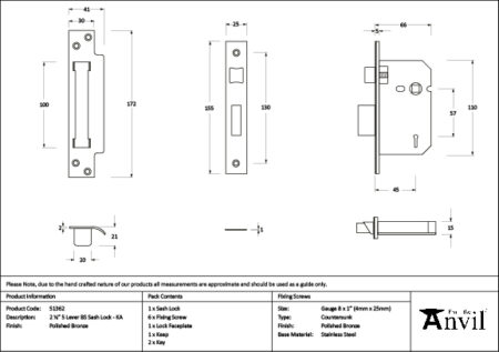 Polished Bronze 2½" 5 Lever BS Sash Lock KA | 51362 - Image 2